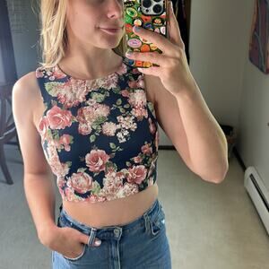 Leith: Floral Navy Cropped Silky Blouse